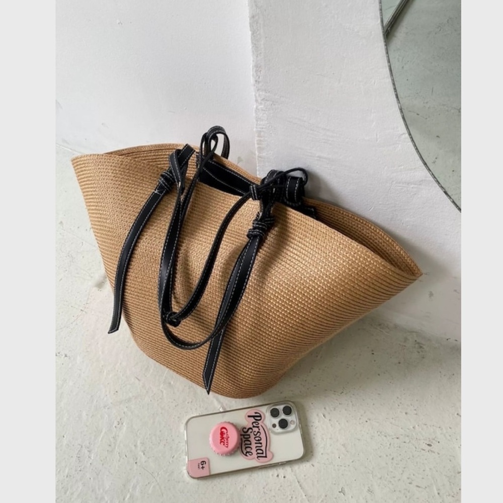 Woven Straw Shoulder Bag with Black Trim